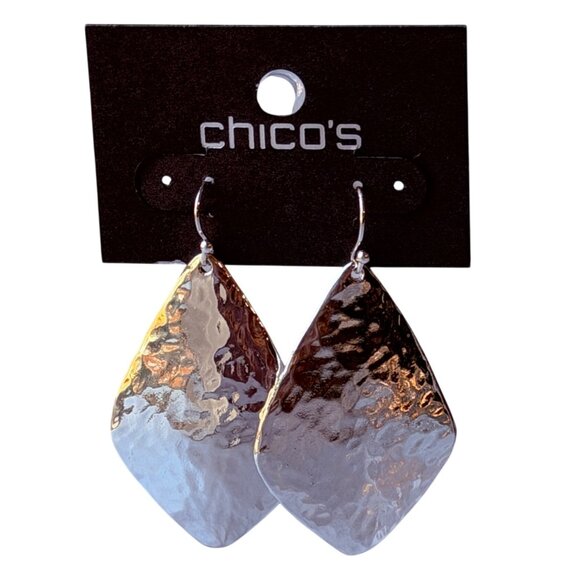 Vintage Chico's Y2K Hammered Silvertone Statement Dangle Earrings New on Card - Picture 1 of 4